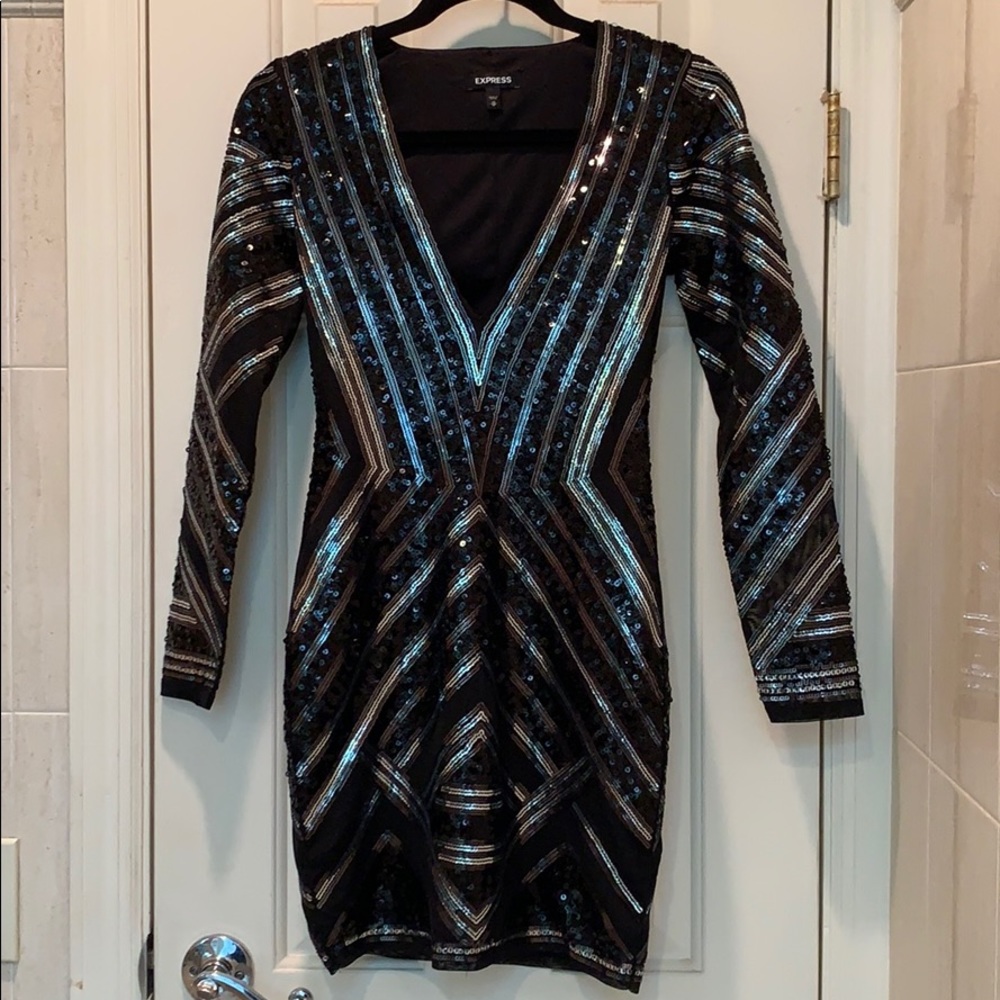 Express Deep V Sequin Dress, XS